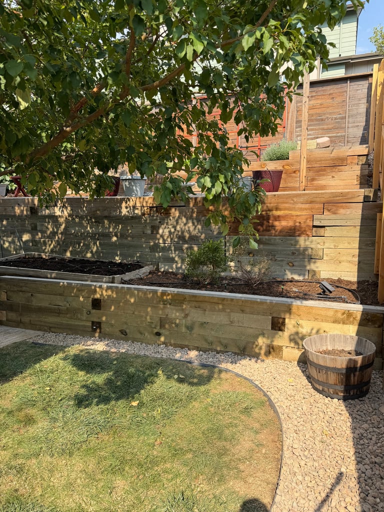 Backyard garden with raised wooden planter beds, green climbing ivy, circular lawn area, gravel pathways, and brick buildings in background
