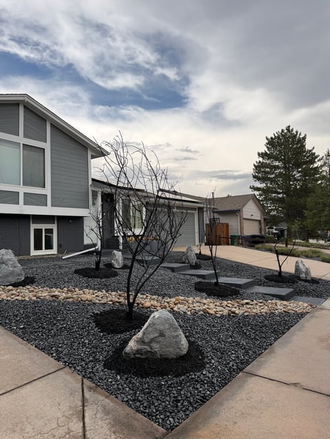 Modern gray house with minimalist landscape design
